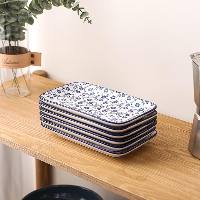 Selamica Ceramic Rectangular Salad Plates Set of 4, 8 Inch Small Serving Plates for Appetizers, Sushi, Fruit, Vintage Blue