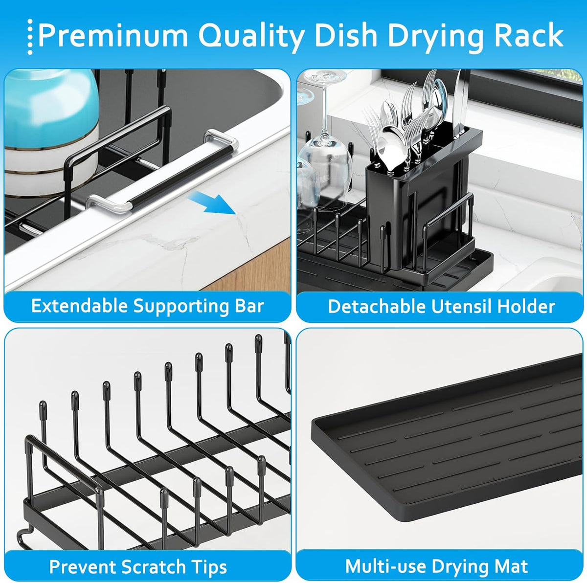 ANTOPY Sink Dish Drying Rack - Expandable Small Dish Rack Over Sinks with Silicone Drying Tray, Dish Drainer for Kitchen Counter with Cutlery Holder, Drying Rack Fit for 14’’-19’’ Kitchen Sink