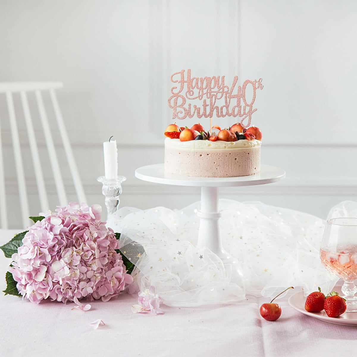 1 PCS Happy 40th Birthday Cake Topper Glitter Cheers to 40 Years Birthday Cake Pick 40 Fabulous Cake Decoration for Happy 40th Birthday Anniversary Party Decorations Supplies Rose Gold