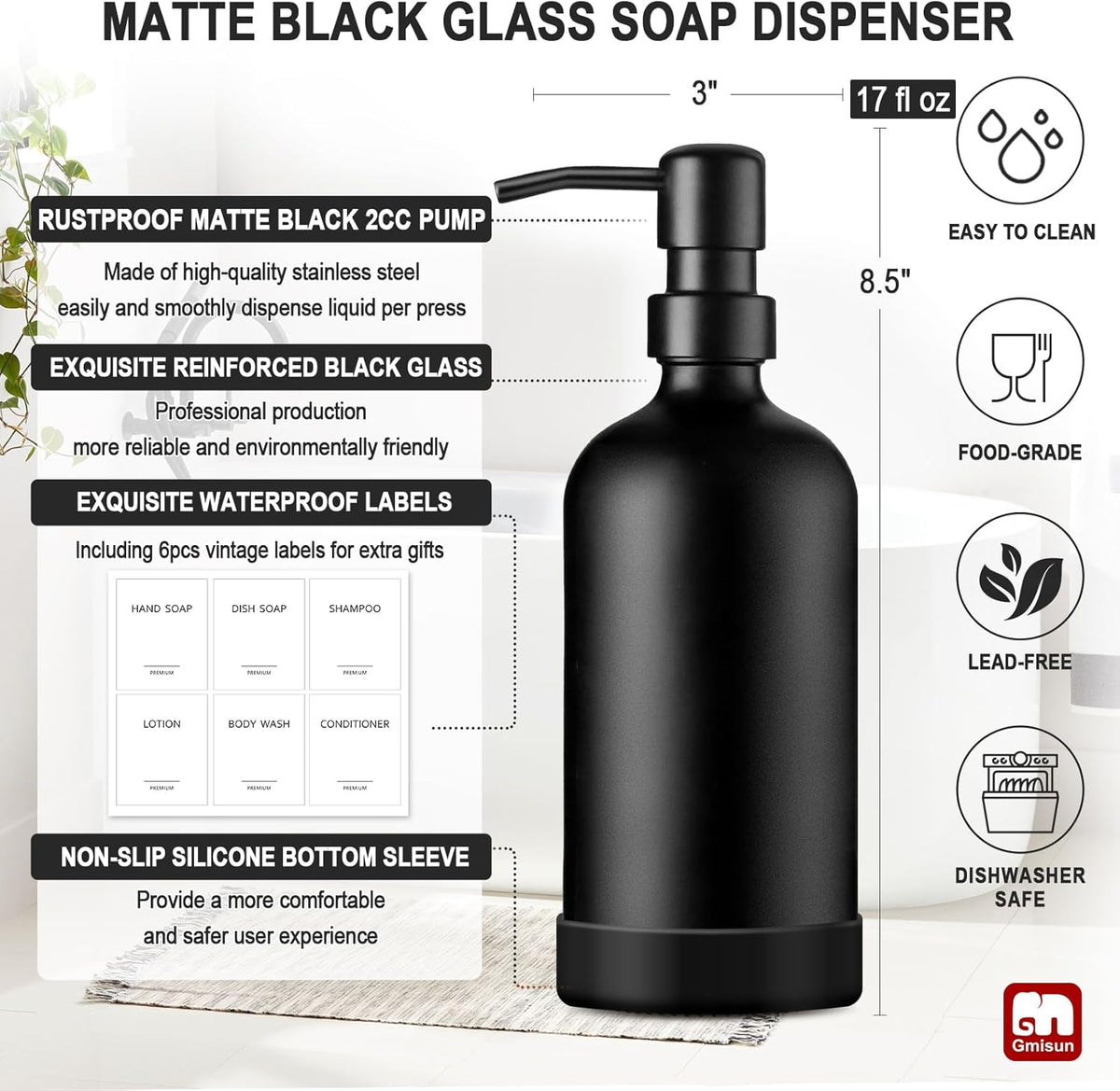 GMISUN Black Soap Dispenser with Silicone Sleeve Boot, 2 Pack Glass Bathroom Hand Soap Dispensers with Stainless Steel Pump, 17 Fl Oz Kitchen Hand and Dish Soap Dispenser Set, Liquid Dispensers Bottle