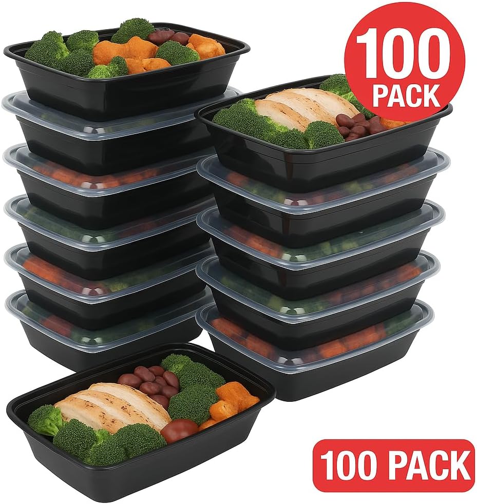 Ruthy's Outlet Meal Prep Containers W/Lids -Square Food Storage – BPA-Free| Stackable | Microwave | Freezer & Dishwasher Safe | Reusable Lunch Bento Box Portion Control & Planning (100 Pack, 32 oz)