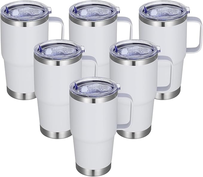 20 oz Stainless Steel Tumbler with Handle Bulk Metal Insulated Tumblers Travel Coffee Mug with Handle Double Wall Tumbler Cup with Lid and Straw, White 6 Pack