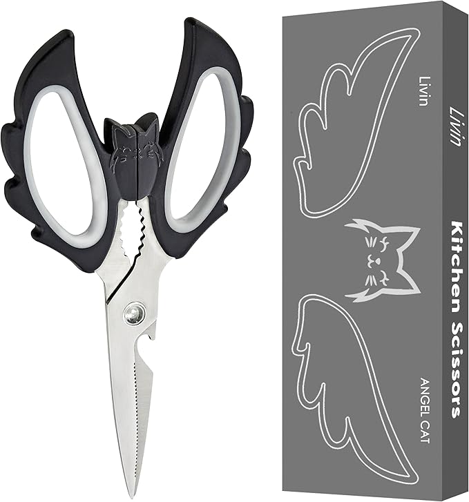 Livin Angel Wings Cat Style Kitchen Ambidextrous Scissors for Women, Large Grip Openings Utensils, Halloween Kitchen Accessories for Vegetables Meat Cutting, Comfortable Ergonomic Fit for Office