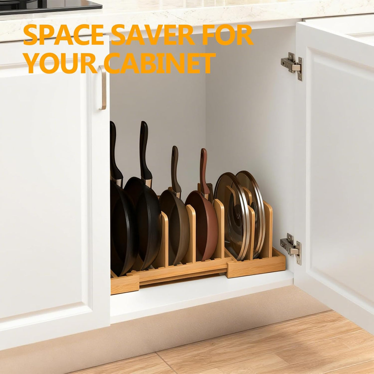 Expandable Pot Lid Organizer with 8 Removable Dividers, Bamboo Pot and Pan Organizer for Kitchen Counter or Cabinet