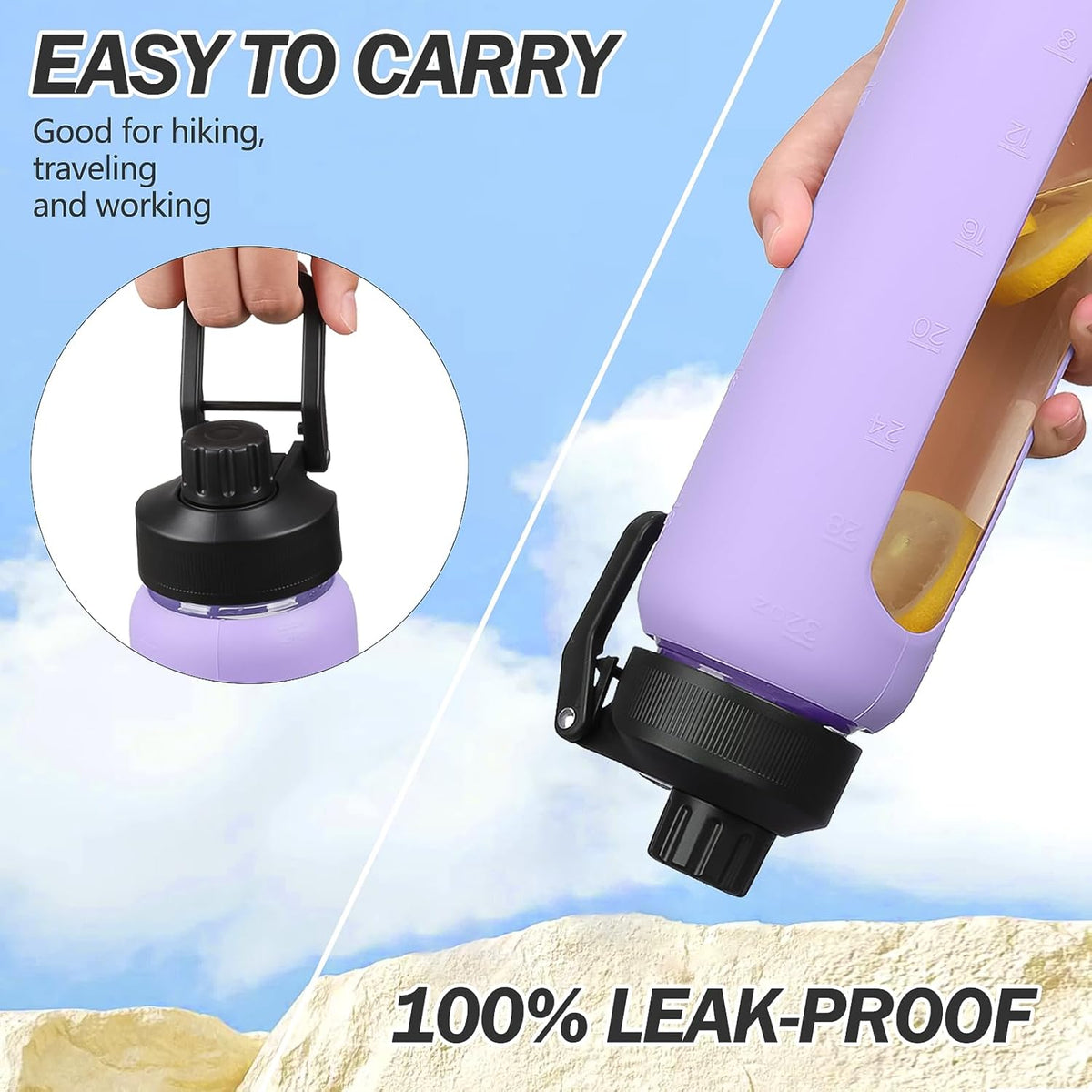 Glass Water Bottle with Straw, 24oz Glass Drinking Bottle with 2 Lids-Bamboo and Spout Lid with Phone Holder Handle for Gym Sports,with Silicone Sleeve and Time Marker,Purple