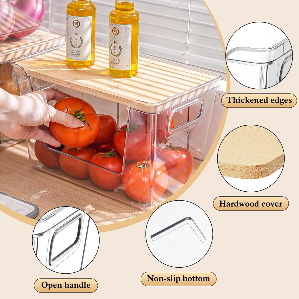 4 Set Stackable Storage with Removable Bamboo Cover, Plastic Container for Kitchen Organizers, Clear Front Open More Easy Access Bins Storage for Pantry, Potato, Onion, Garlic, Fruits, Vegetable