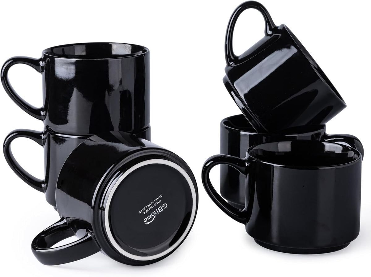 GBHOME 14 OZ Coffee Mugs Set of 6, Stackable Ceramic Mugs for Men, Women, Modern Coffee Cups for Latte,Tea, Cappuccino. Dishwasher & Microwave Safe, Black