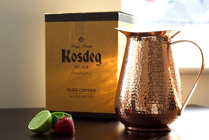 Kosdeg - Copper Pitcher With Lid - 68 Oz - Drink More Water, Lower Your Sugar Intake And Enjoy The Health Benefits - Pure Copper Handmade Hammered Jug, The Best Bedside Carafe - Heavy Gauge