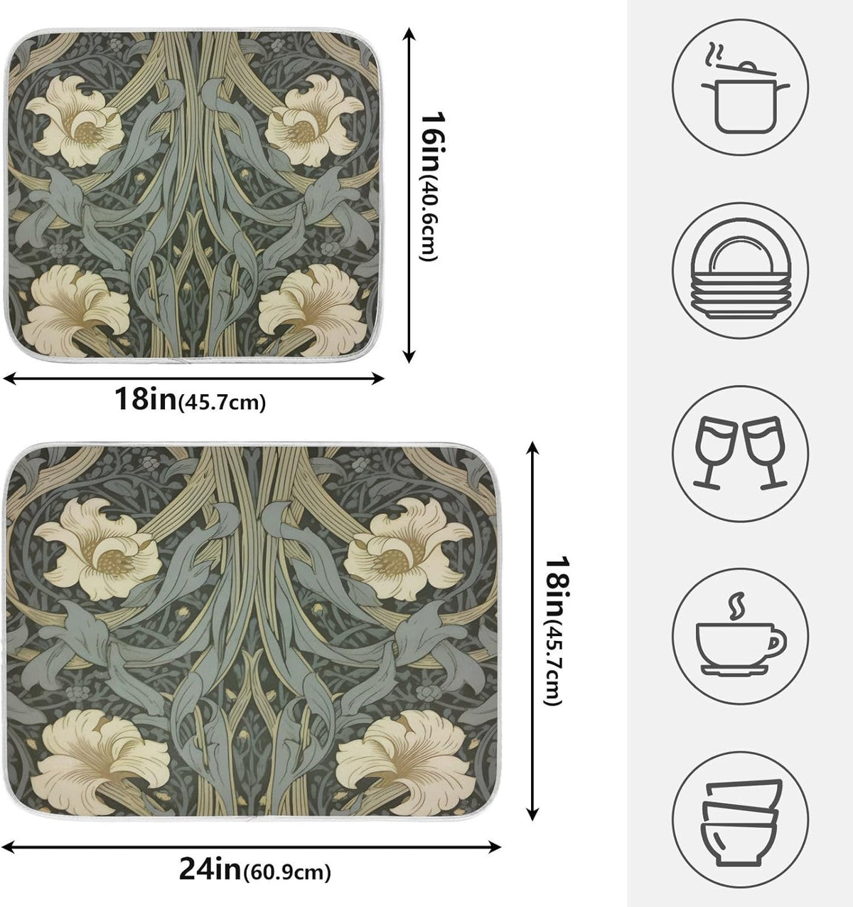 William Morris Flowers Print Dish Drying Mat for Kitchen Counter Absorbent Microfiber Small Drying Pad Dish mats for Kitchen Countertops 16 x 18 Inch