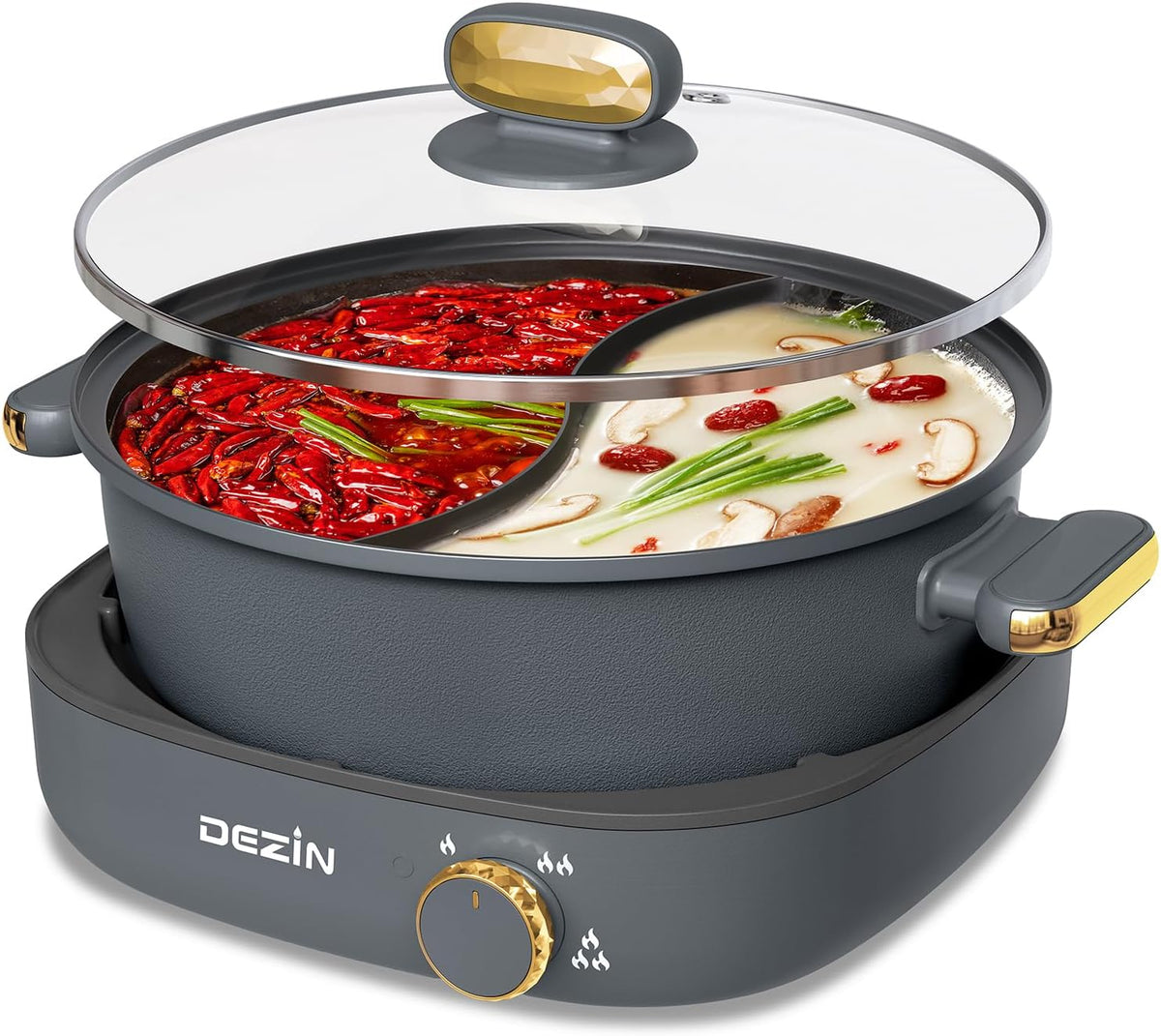 Dezin Hot Pot Electric with Divider, 4L Electric Shabu Shabu with Dual-Flavor Pot,3.7" Depth Nonstick Dual Side with Multi-Power Control for Party, Family and Friend Gathering