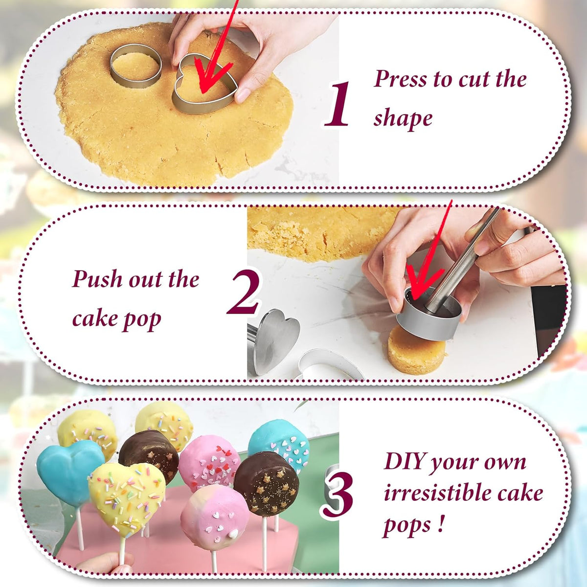 Webake Circle and Heart Cake Pop Cutter and Pusher, 304 Stainless Steel Cake Pop Molds, Easy Use, Non Toxic, Set of 4