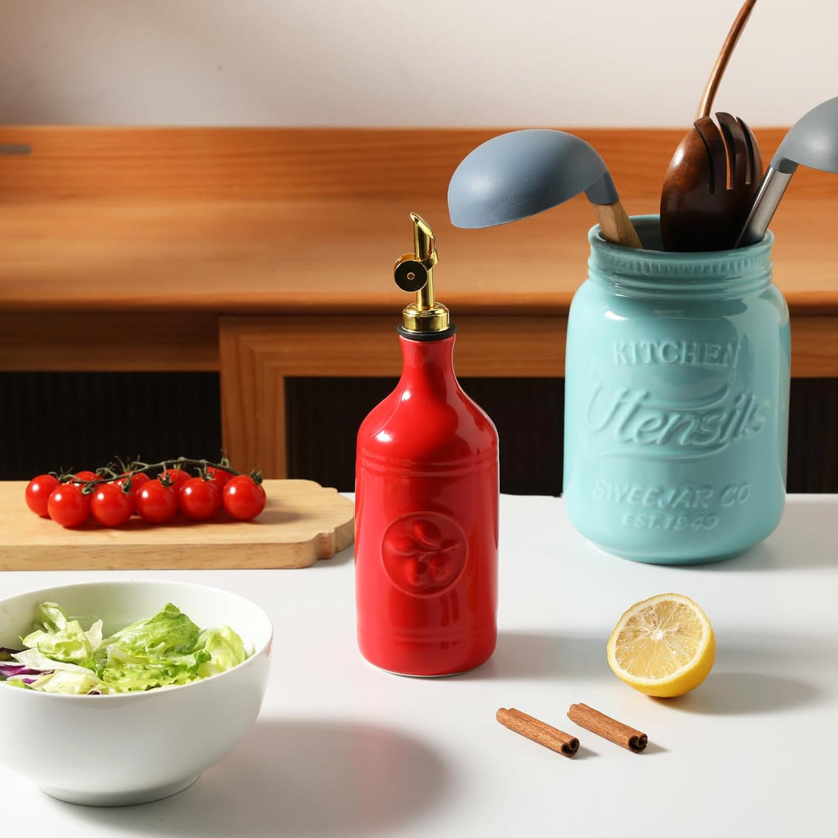 Sweejar 16 Oz Ceramic Olive Oil Dispenser Bottle, Oil Dispenser for Kitchen with Gravity Spout, Relief Opaque Vinegar Container for Evoo, Soy Sauce, 1 Pack(Red, Gold Spout)