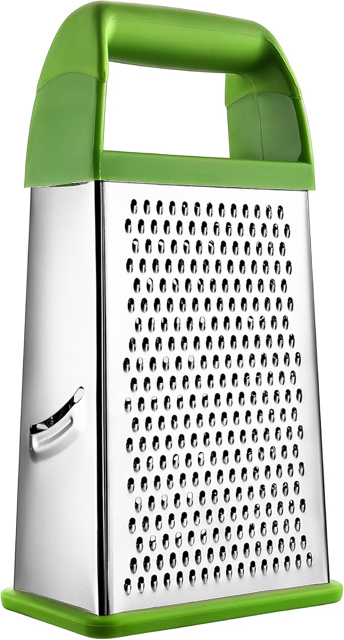Spring Chef Professional Green 10" Stainless Steel Parmesan Cheese Grater with Handle, 4 Sided Handheld Box Grater, Kitchen Carrot Shredder for Potato, Cheese, Ginger, Vegetables