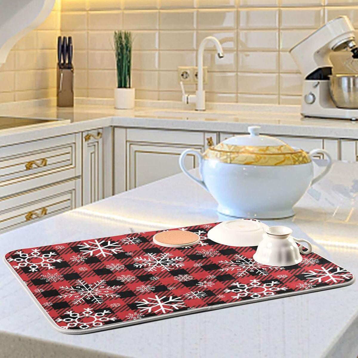 Snowflake Buffalo Plaid Dish Drying Mat for Kitchen Counter Christmas Absorbent Microfiber Drying Pad, Medium 16x18 in, Reversible Drainer Mats
