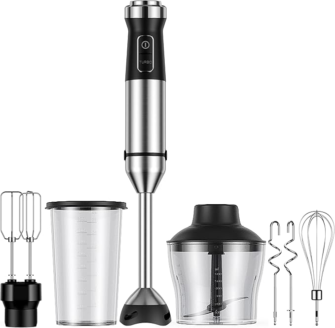 6-in-1 Immersion Blender, 1000W Hand Blender with 20 Speeds, Scratch-Resistant Stick Mixer with Whisk, Chopper, Beaker, Egg Beaters & Dough Hooks – Heavy Duty Hand Mixer, Black