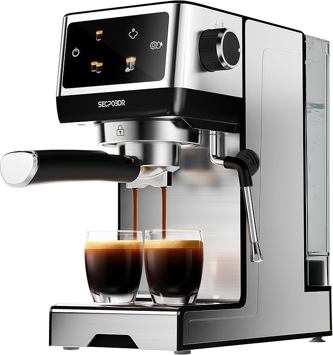 20Bar Espresso Machine with Hot & Rapid Cold Brew, Stainless Steel Coffee Makers, Cappuccino Latte Machine with Milk Frother Steam Wand for Home, 45oz Removable Water Tank, Touchscreen, Silver