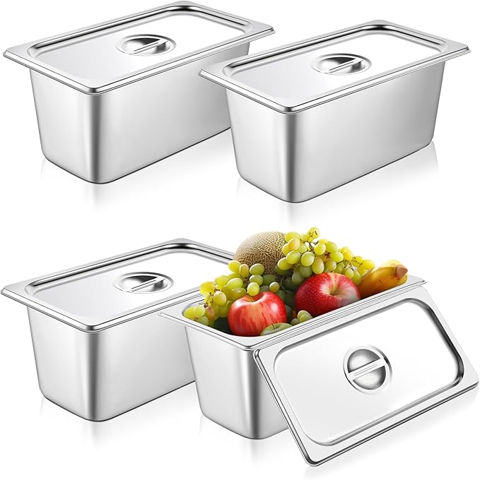 4 Pack hotel pans with lids 1/3 Size x 6 Inch Deep stainless steel steam table pan Commercial Gauge restaurant supplies Anti Rust metal food containers Catering storage for Party, Buffet, Home