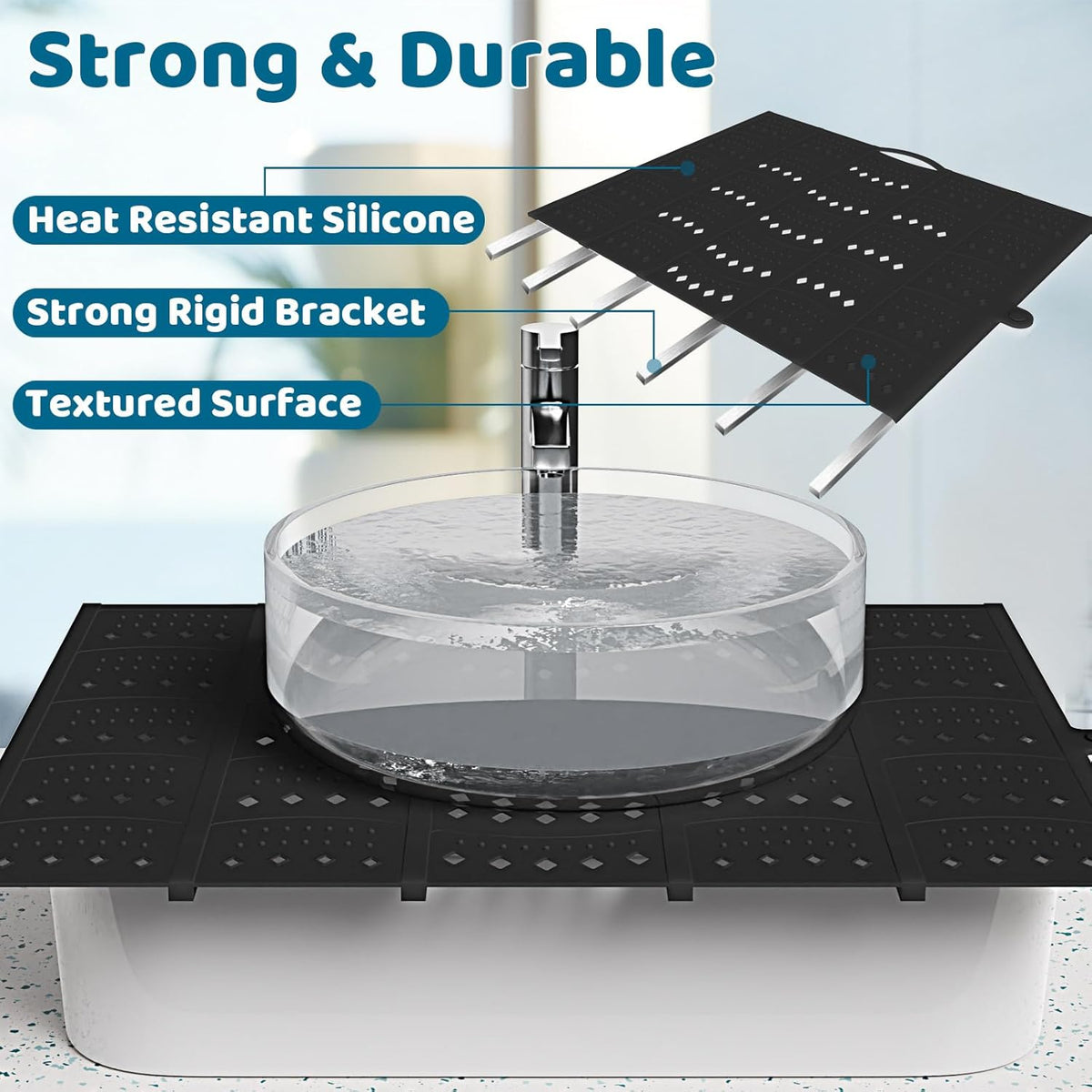 Bathroom Sink Cover for Counter Space, Sink Mat Foldable Sink Cover, Silicone Makeup Organizer Mat Space Saver, Small Bathroom & Rv Camper Travel Must Haves Accessories, Black