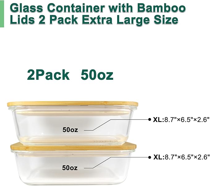 Urban Green Glass Container with Bamboo Lid, 2 Pack of 50oz, Large Glass food storage Container with Lids, Meal Prep Containers Set of 2