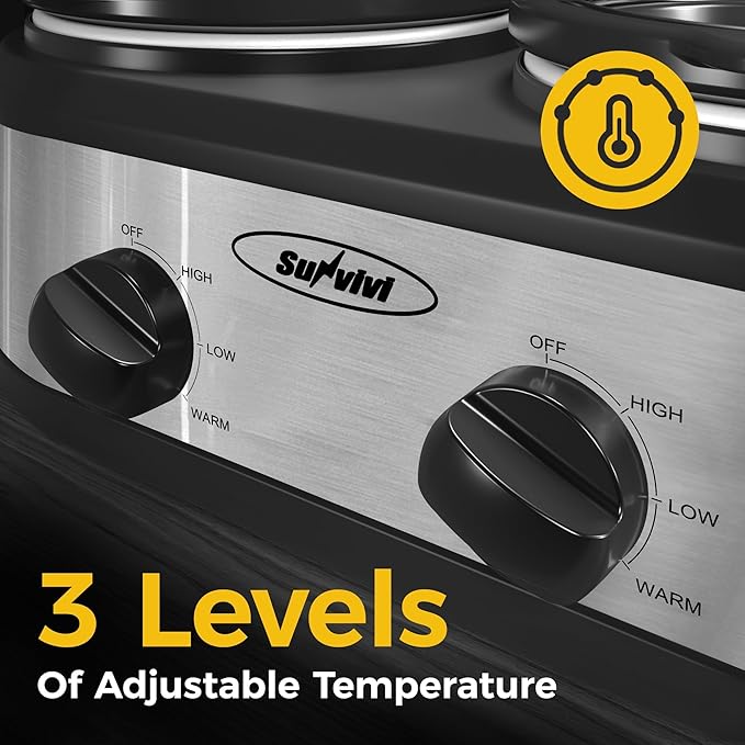 2 * 1.25 Quarts Dual Slow Cooker, Buffet Server & Warmer with 2 Removable Ceramic Pots, 3 Adjustable Temp Settings & 2 Visible Glass Lids, Stainless Steel, Silver