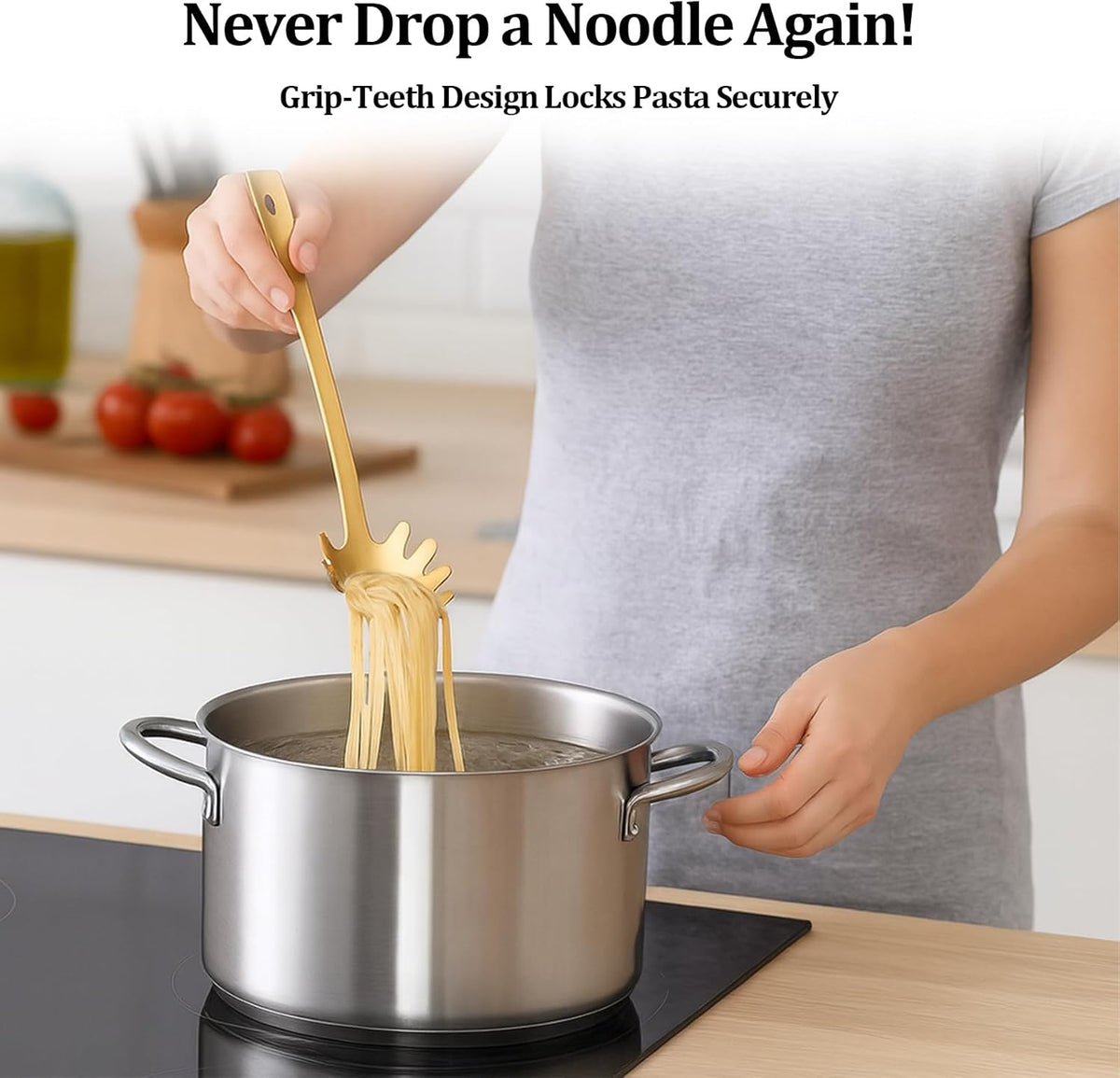 Stainless Steel Pasta Spoon with Teeth Pasta Server & Spaghetti Spoon with Drain Holes for Noodles, Pasta, Cooking & Serving (Gold)