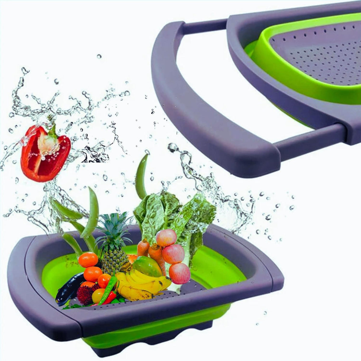 Collapsible Silicone Over-the-Sink Colander – 6-Quart Foldable Strainer with Extendable Handles & 3 Bonus Peelers, Perfect for Vegetables, Fruits, and Pasta (Green)