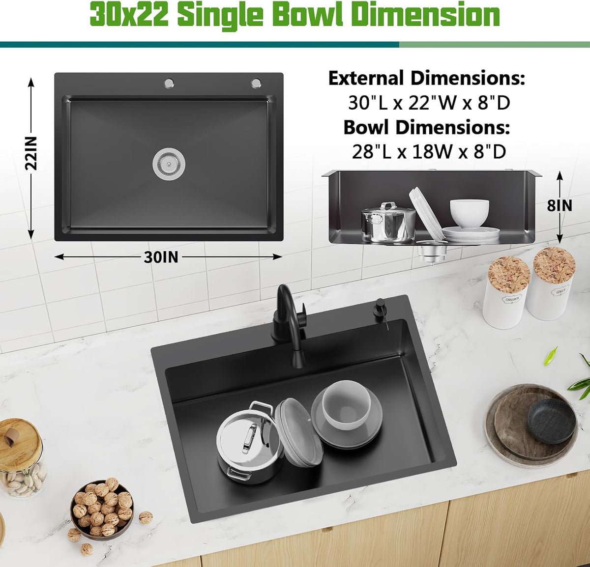 Black 30x22 Inch Stainless Steel Kitchen Sink - Drop In Modern Single Bowl Topmount Kitchen Sink With Silicon Mat,Drain Strainer Set Offering Large Basin Compatibility With Various Kitchen&Bar Style
