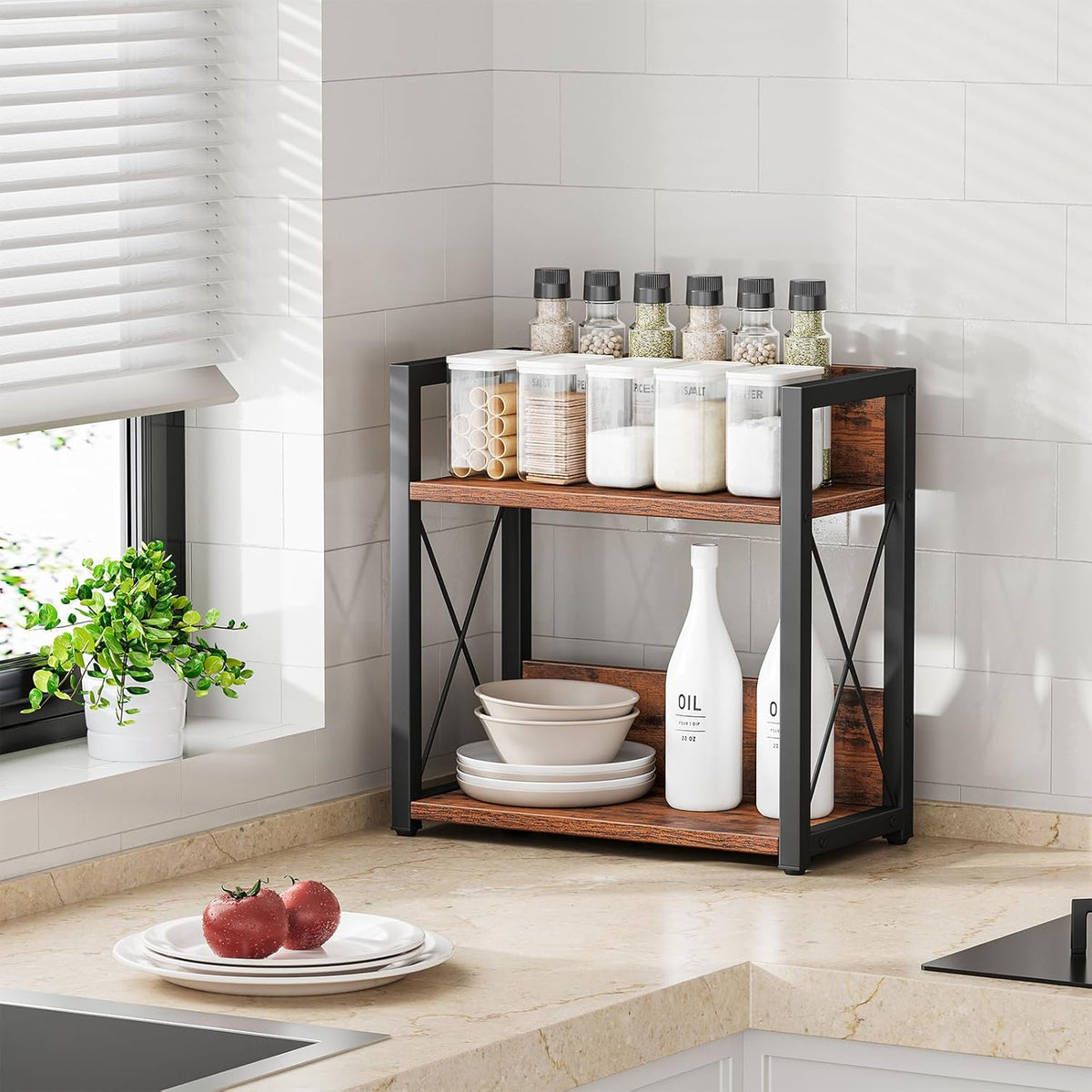 Giikin Counter Shelf Organizer, 2 Tier Kitchen Spice Rack for Countertop, Wood Coffee Counter Organizer for Home (Rustic Brown, L)