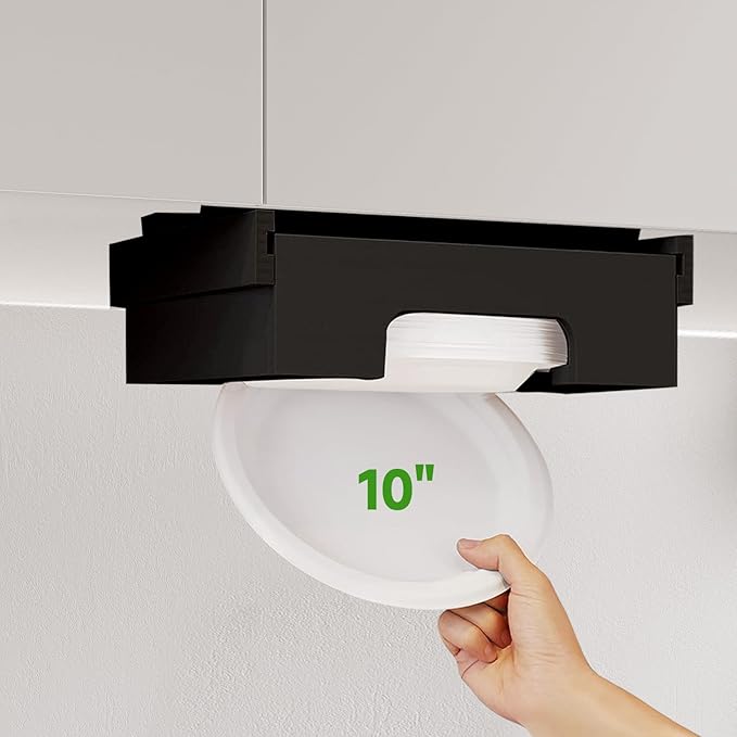 Paper Plate Dispenser Under Cabinet - 10 inch Bamboo Paper Plate Dispenser, Kitchen Counter Vertical Holder Organizer Countertop Caddy Black