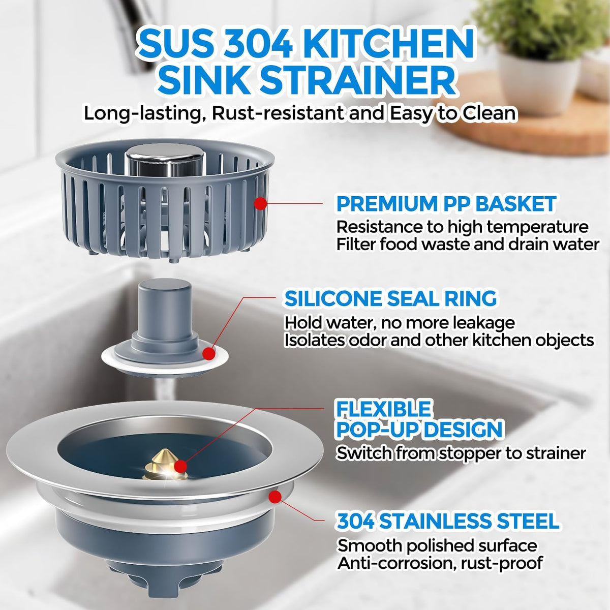 zaa 2 Pack 3 in1 Kitchen Sink Drain Strainer & Sink Stopper, Pop Up Stainless Steel Kitchen Drain Plug & Cover with Anti-Clogging Basket Strainer, Fit US Standard 3-1/2'' Drain Hole