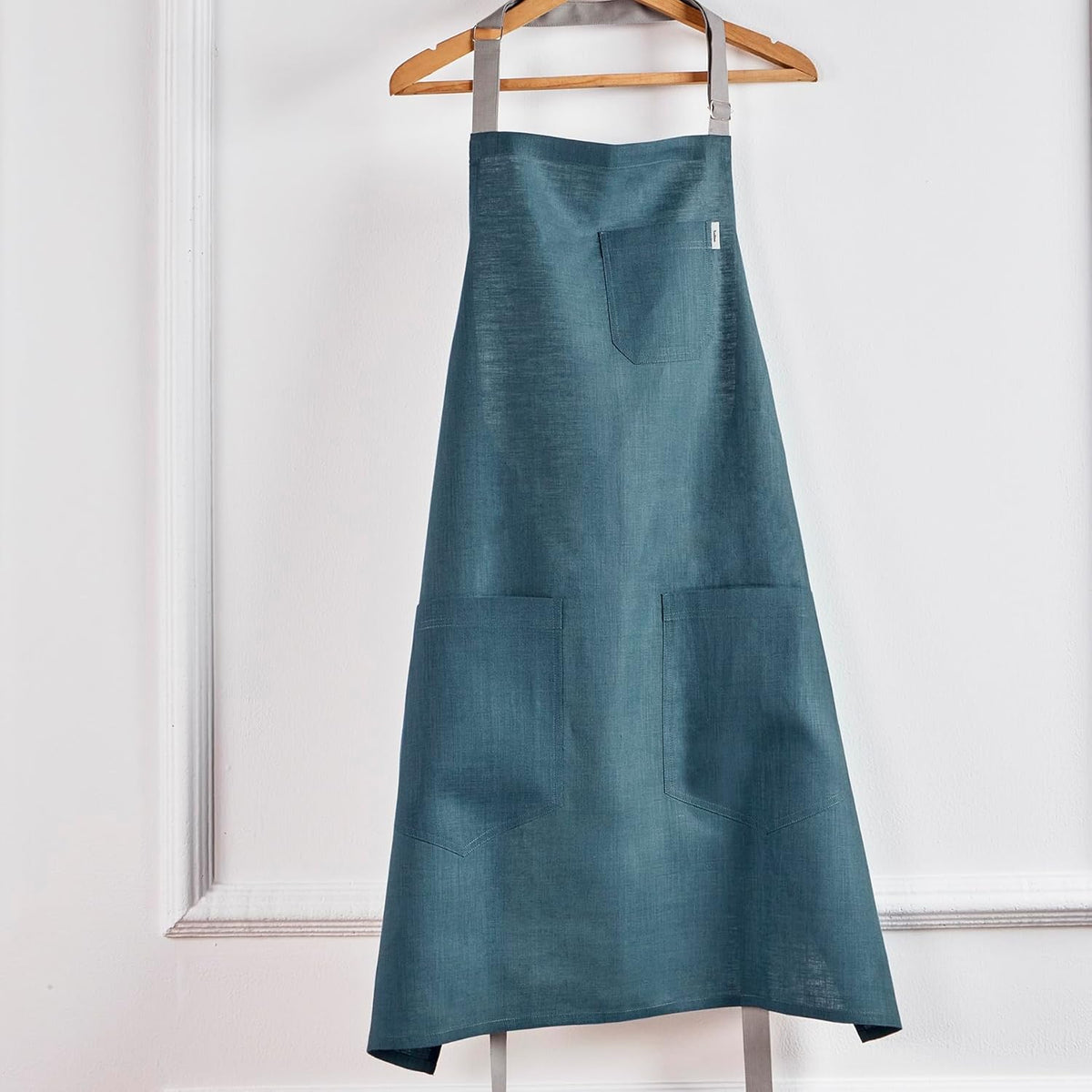 Solino Home Linen Kitchen Apron for Men & Women - Peacock Blue/Soft Grey Bib Apron with Front Pockets - Handcrafted from European Flax