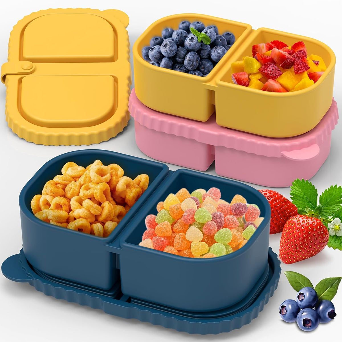 6 Pack Reusable Silicone Snack Containers with Lids, Mini Containers 2 Compartments, Portable Silicone Food Storage Box for Picnic, School, Office (6)