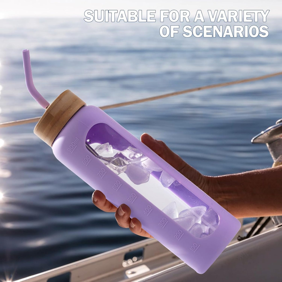 32oz Glass Water Bottle with Straw and 2 Lids- Bamboo Straw and Spout Lid with Phone Holder for Gym, Glass Drinking Bottles with Silicone Sleeve and Motivational Time Marker, Purple