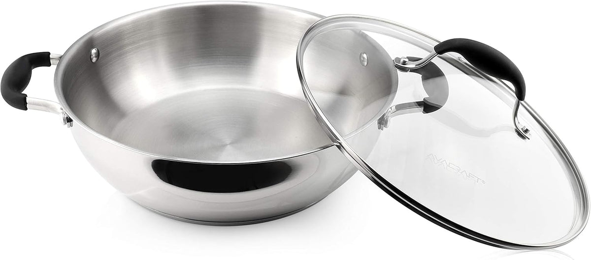 AVACRAFT 18/10 Stainless Steel Everyday Pan with Five-Ply Base, Stir Fry Chef’s Saute Pan with Glass Lid, Multipurpose Stewpot Skillet, Casserole in Pots (11 Inch)