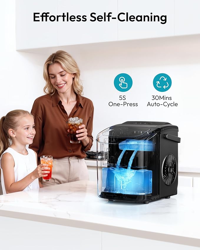 EUHOMY Countertop Ice Maker Machine with Handle, 26lbs in 24Hrs, 9 Ice Cubes Ready in 6 Mins, Auto-Cleaning Portable Ice Maker with Basket and Scoop, for Home/Kitchen/Camping/RV. (Black)