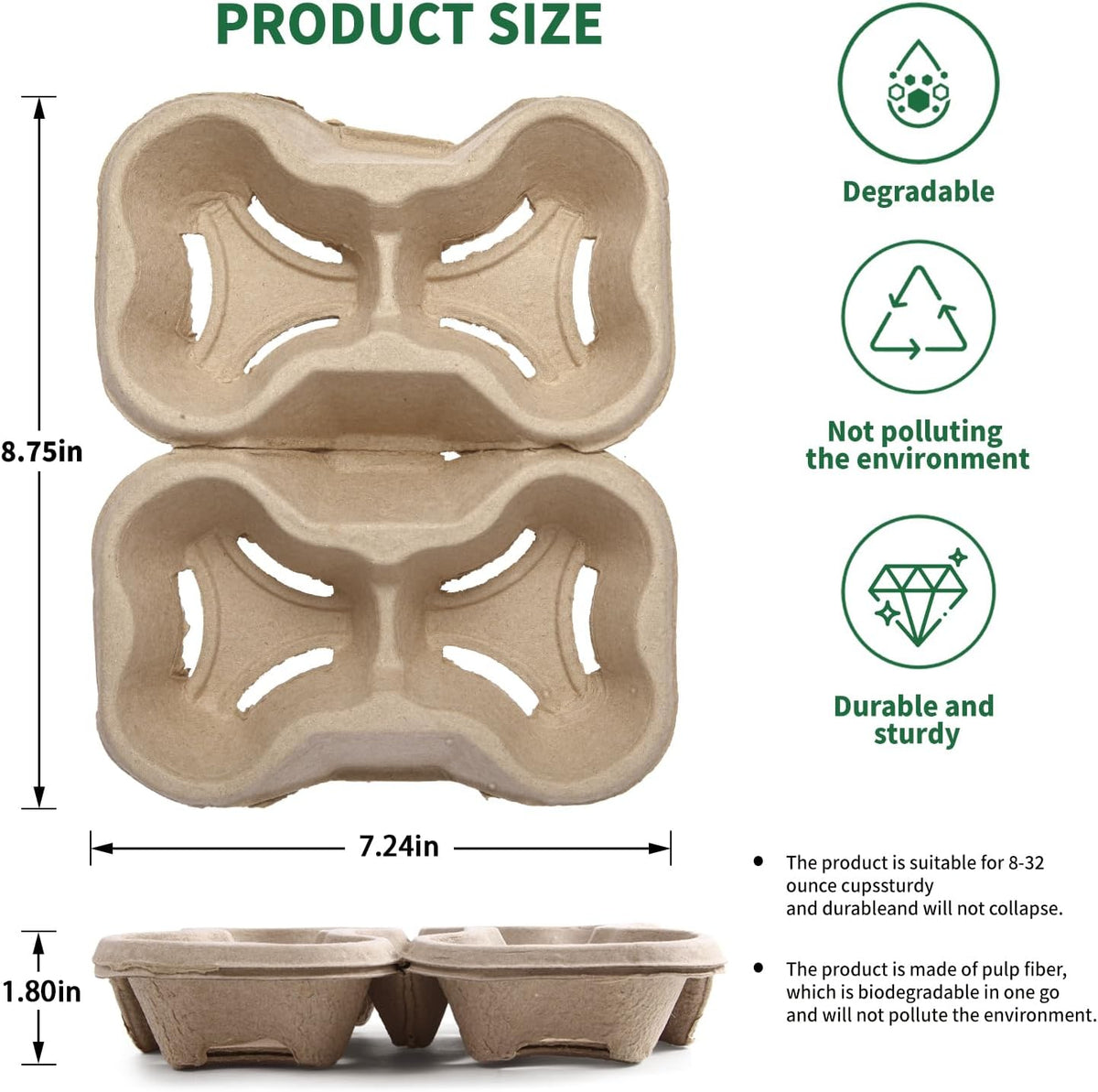 Tearable 4 to 2 Cup Drink Carrier - Biodegradable Convertible Cup Holder for Hot/Cold Beverages (8oz-32oz) - Pulp Fiber to Go for Restaurants, Takeout/Delivery (100 Pack)