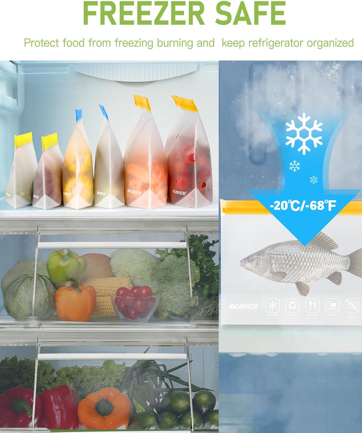 IDEATECH Food Storage Containers, BPA Free PEVA Reusable Gallon Freeezer Bags, Reusable Quart Size Sandwich Bag, Leakproof Baggies for Travel, Lunch, Healthy Food (8Gallon 6Quart 6Snack, Grey)