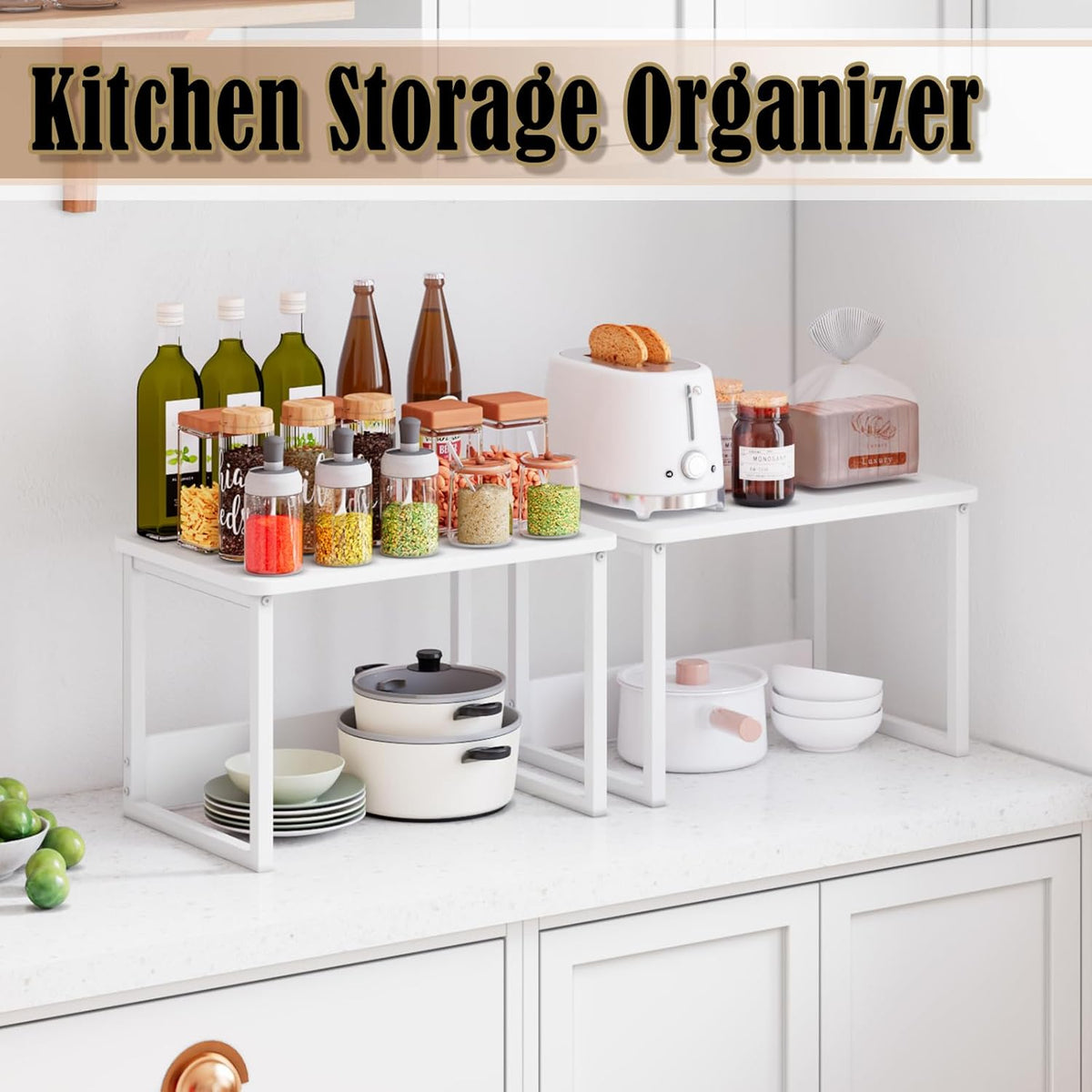 MARTY Kitchen Countertop Organizer Cabinet Shelf, 17x12.4 Large Spice Racks Counter Shelf Microwave Oven Rack Desktop Storage Organization for Kitchen, Office, Metal & Wood, White