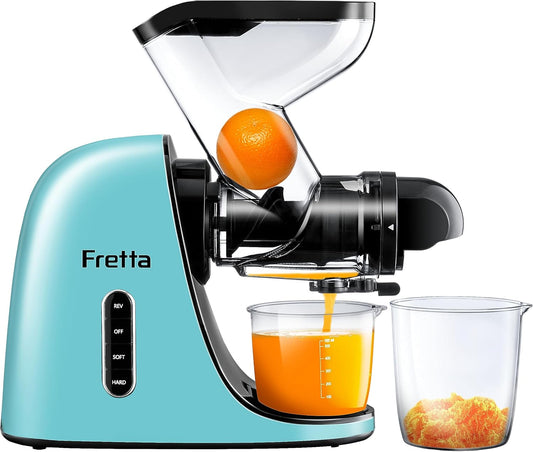 Masticating Slow Juicers, Fretta Wide Feeding Chute Cold Press Juicer, BPA-Free, Celery Juicer Extractor with Quite DC Motor & Reverse Function, 2 Speed, 200W(Light blue)