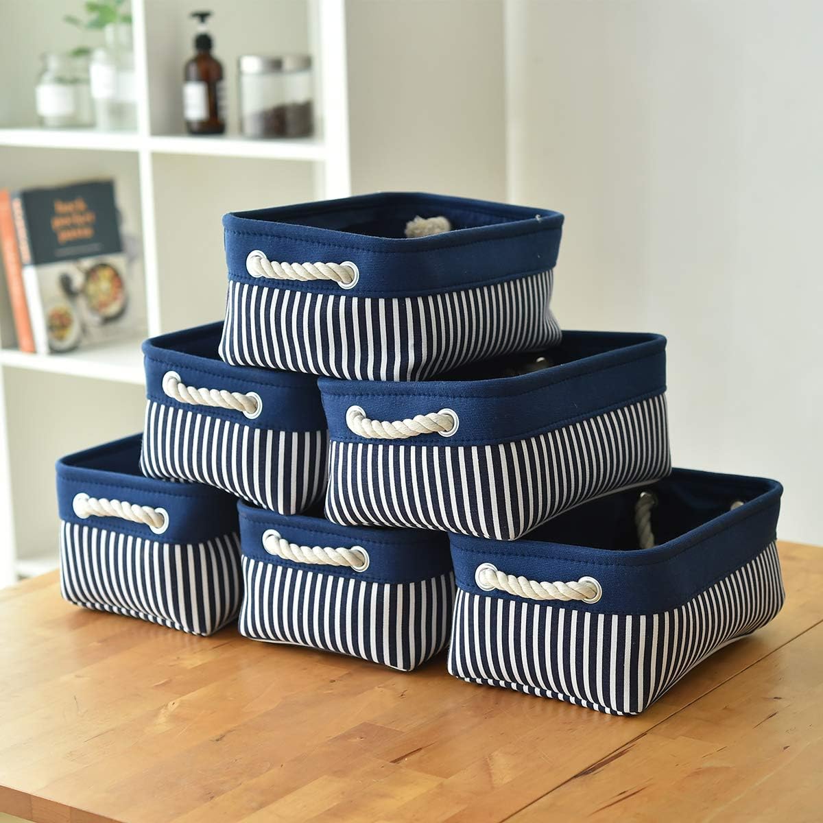TcaFmac Small Storage Baskets [6 Pack] - Navy Blue Rectangular Storage Bins with Blue Stripes