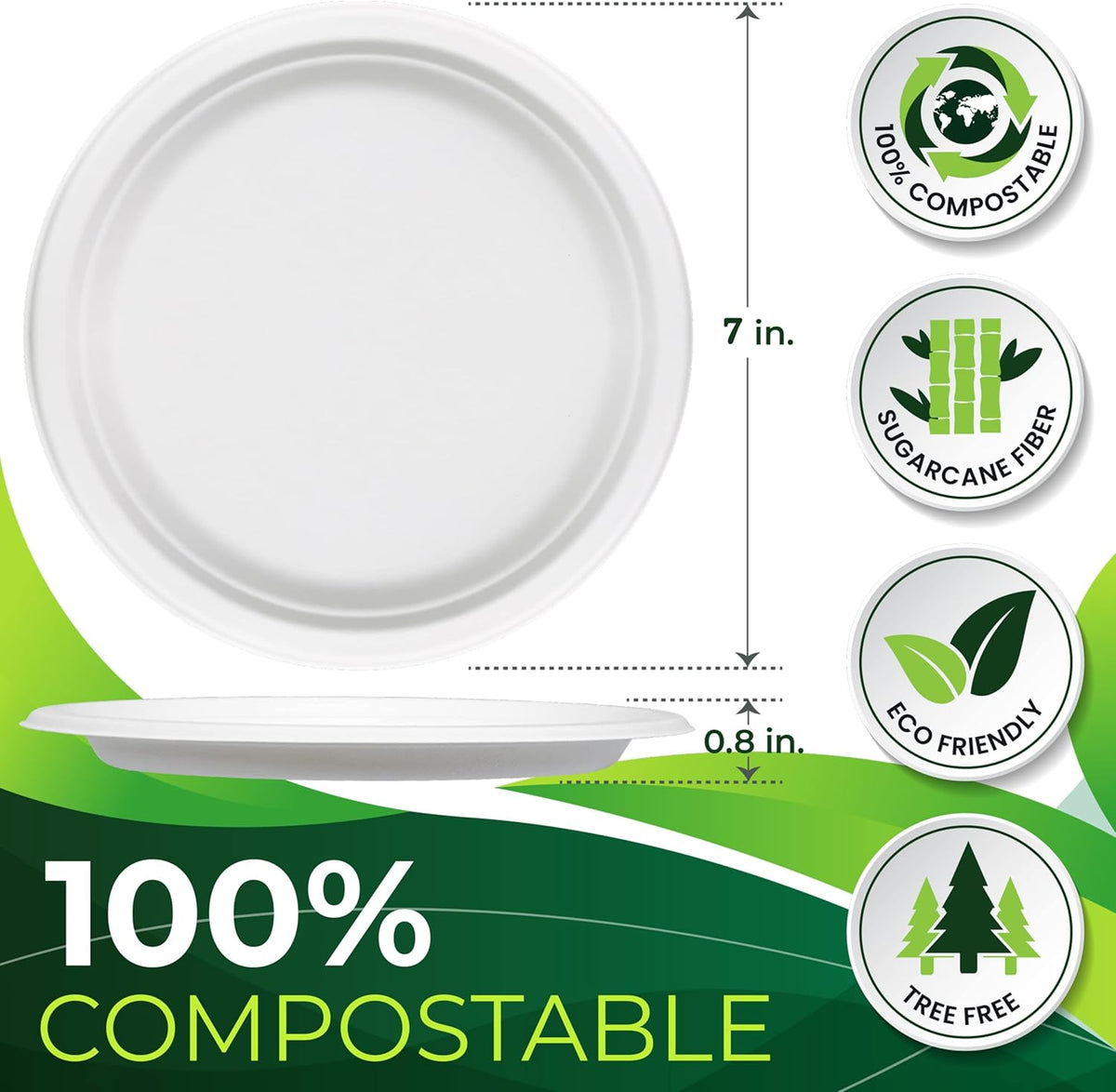 150pcs 100% Compostable Small Paper Plates (7 in), Heavy Duty, Eco Friendly Appetizer & Dessert Plates, Biodegradable Sugarcane Fiber