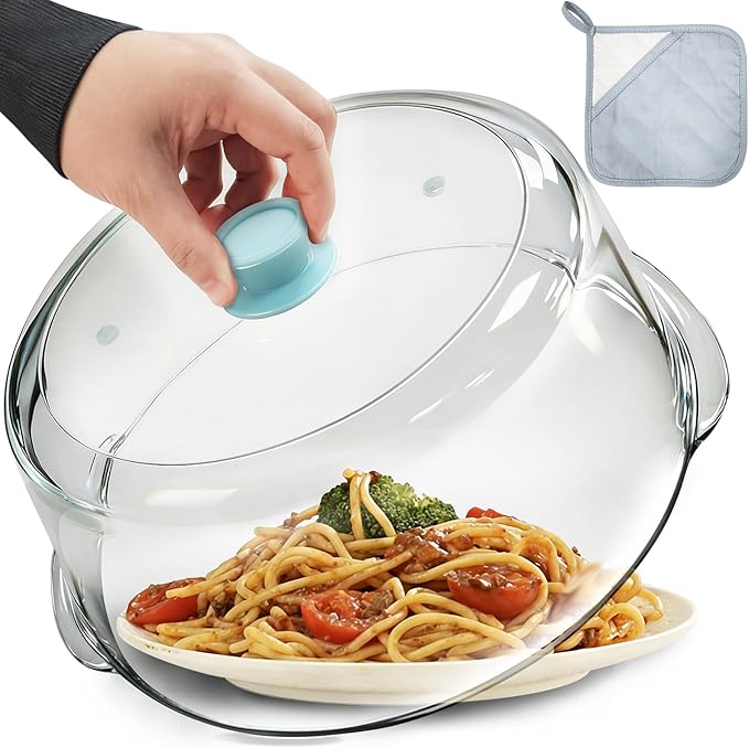 Tall Glass Microwave Splatter Cover for Food with Vent Hole 100% Food Safe 10in Plate Splatter Guard Lid with Silicone Knob BPA Free Cookware Serving Dish Cover Dishwasher Safe