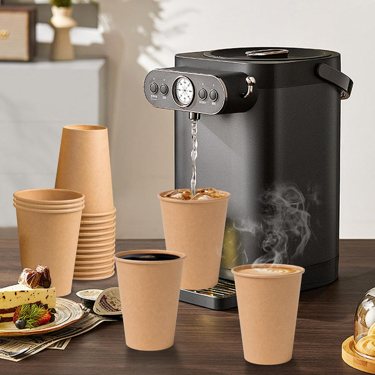 300 Pack 12 oz Kraft Paper Cups, Unbleached Disposable Paper Coffee Cups, Thickened Hot/Cold Beverage Drinking Cup for Party, Home, Cafes, Bistros, Businesses (Brown)