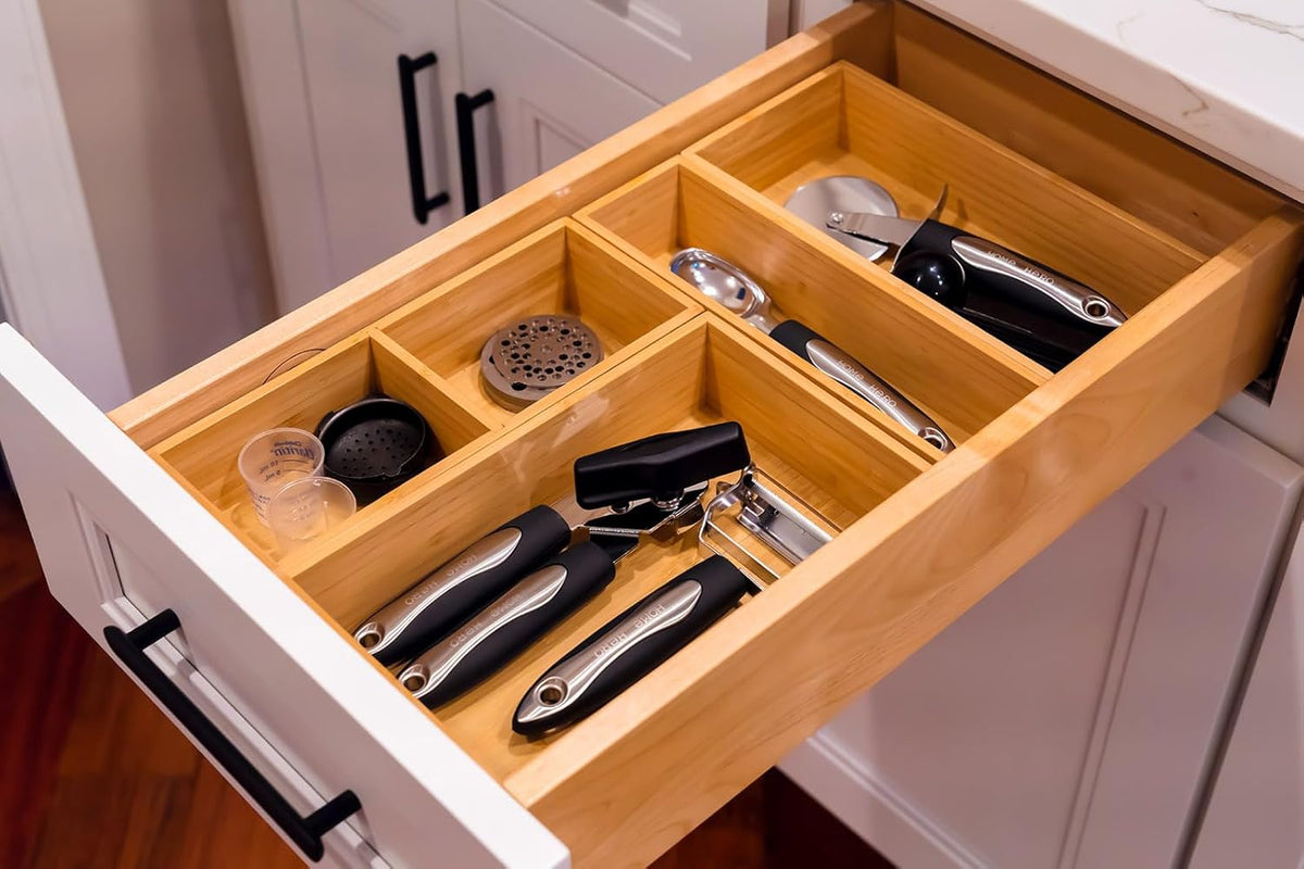Umilife Bamboo Kitchen Utensils Organizer, Extra High Silverware Drawer Holder, Flatware Cutlery Storage Box, Multi-Use Drawer Divider in Office, Bathroom, Pantry - 12"x6"x2.5" (Set of 2)