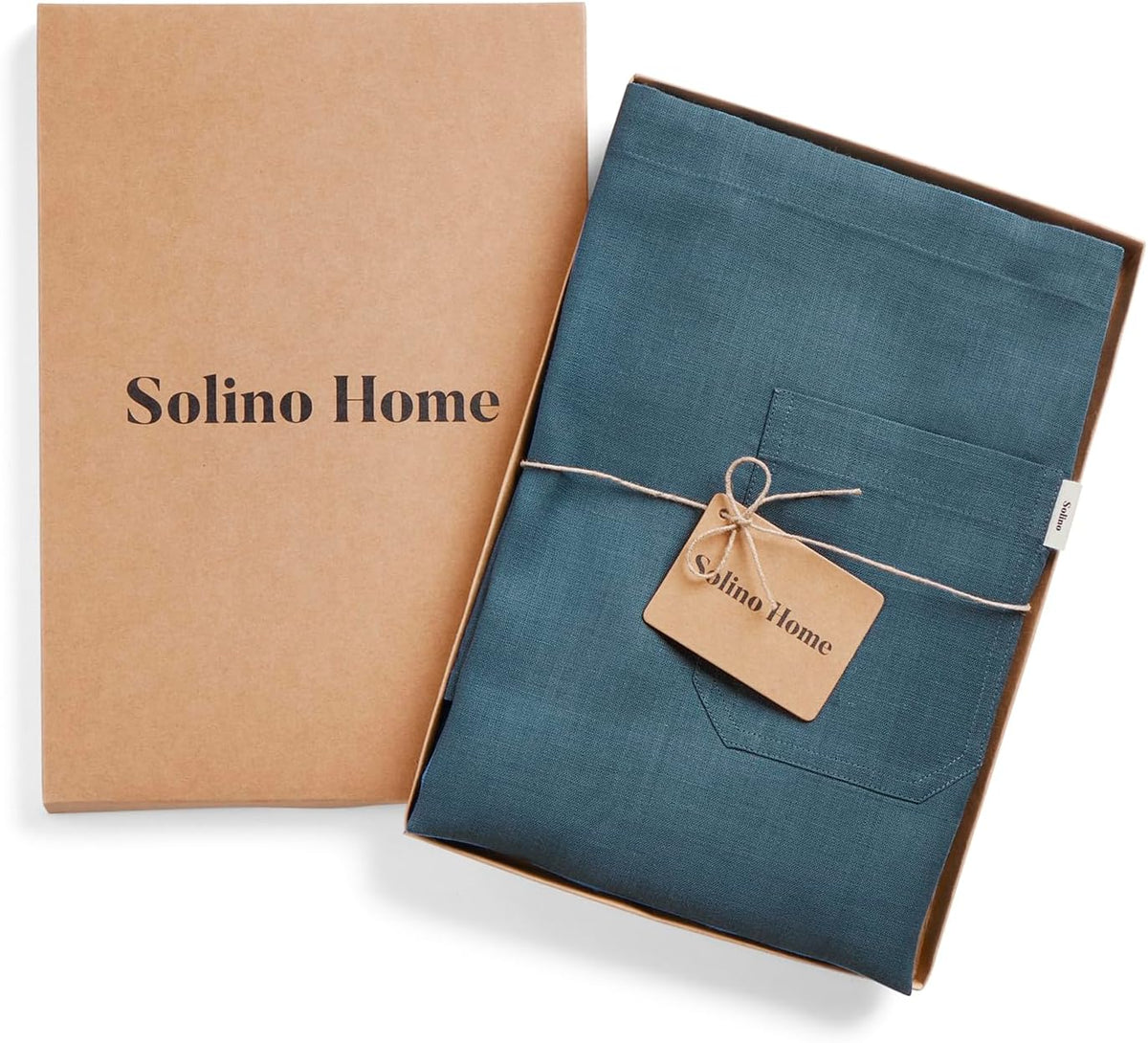 Solino Home Linen Kitchen Apron for Men & Women - Peacock Blue/Soft Grey Bib Apron with Front Pockets - Handcrafted from European Flax