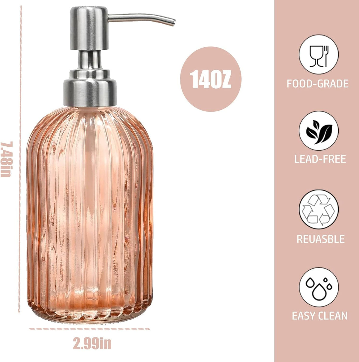 14Oz Amber Soap Dispenser Bathroom, Clear Glass Hand Soap Dispensers with Stainless Steel Pump, Refillable Dish Soap Dispenser for Kitchen, Countertop Soap Dispensers