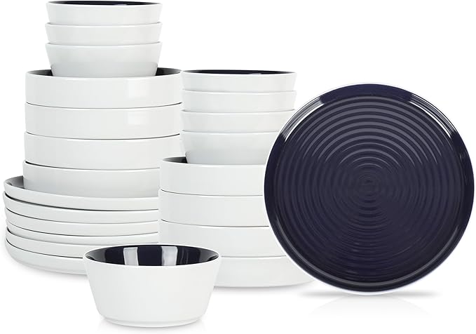 Stone Lain Elica 24-Piece Modern Dinnerware Set Stoneware, Plates and Bowl Sets for 8, Navy and White