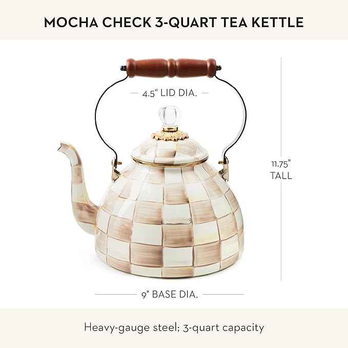 MACKENZIE-CHILDS Enamel Tea Kettle, Stylish Tea Kettle for Stovetop, Brown-and-White Mocha Check, 3 Quarts