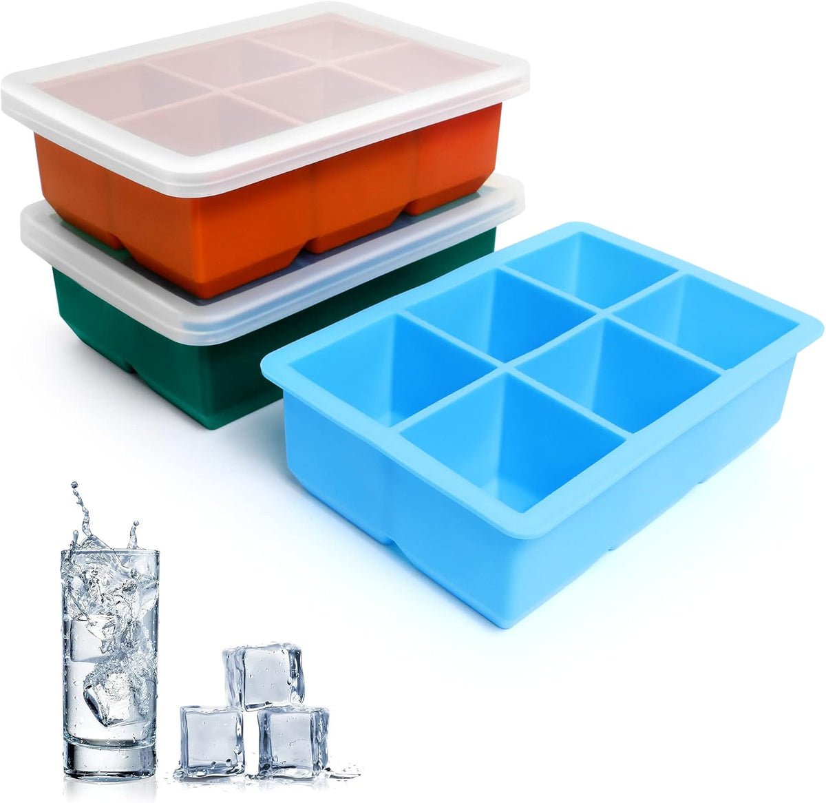 Silicone Ice Cube Trays 3 Pack - Large Size Silicone Ice Cube Molds with Leak Proof Removable Lid Square Ice Cube Tray And BPA Free for Cocktail,Whiskey, Stackable Flexible Ice