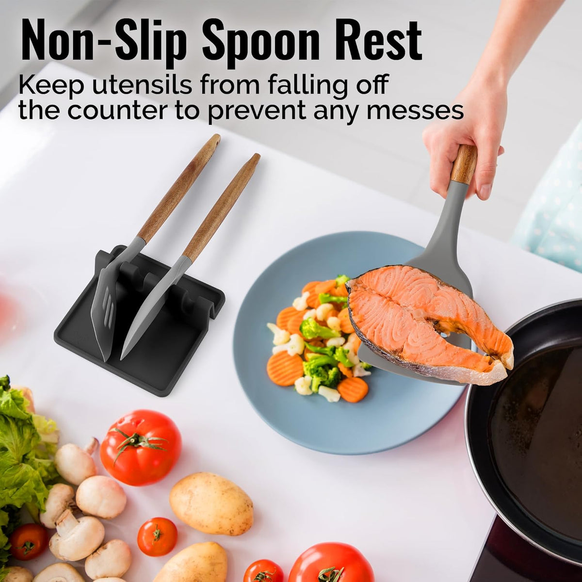 Zulay Kitchen Silicone Utensil Rest with Drip Pad for Multiple Utensils - BPA-Free, Heat-Resistant Spoon Rest & Spoon Holder for Stove Top - Kitchen Utensil Holder for Ladles & Tongs - Black